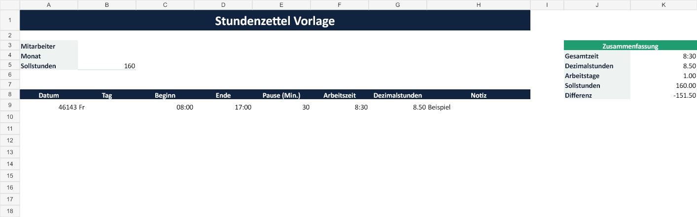 Vorschau der Stundenzettel Excel Vorlage